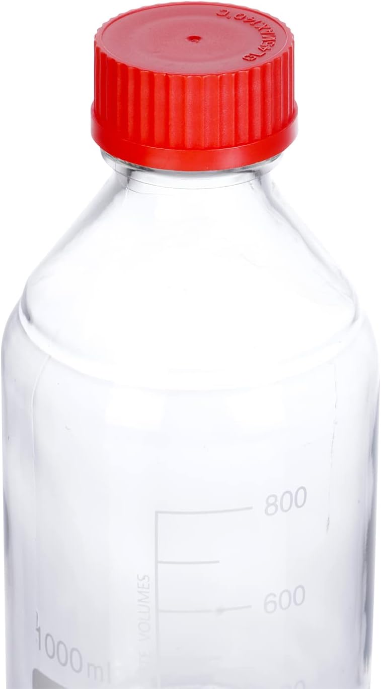 Pastein 4 Pieces 1000 mL Graduated Round Reagent Media Bottle Storage Glass Bottle with GL45 Red Screw Cap - Image 1